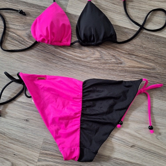 NEW Victoria's Secret string bikini color block small medium hot pink black - Picture 2 of 5